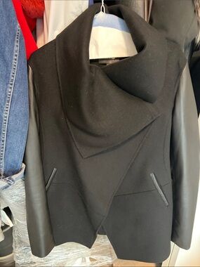 Mackage Black Wool-Blend Coat with Leather Trim in great condition